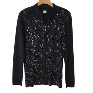 Vila Embellished Cardigan Sweater Women’s XL Rhinestone Full Zip Black‎